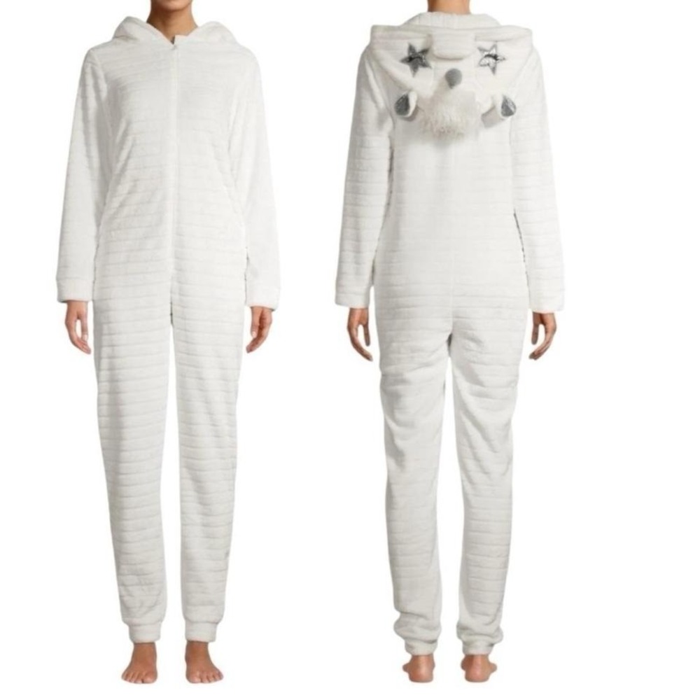 White Unicorn Onesie Pajamas Hooded Fleece Jumpsuit Costume Size Medium